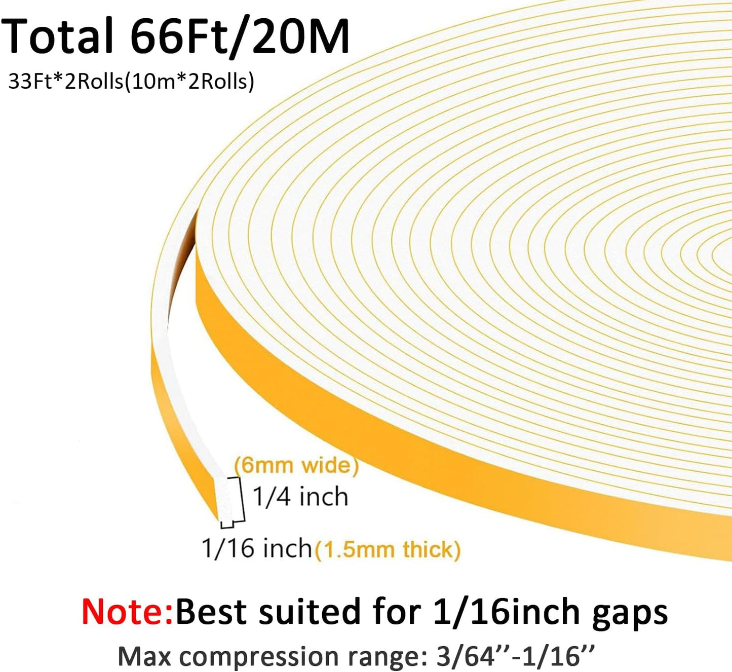 White Strong Adhesive Weather Stripping, Door Insulation Weather Strip，Door Seal Strip, Soundproof Weatherproof Weather Tape for Doors and Windows(1/4 in x 1/16 in x 66Ft)