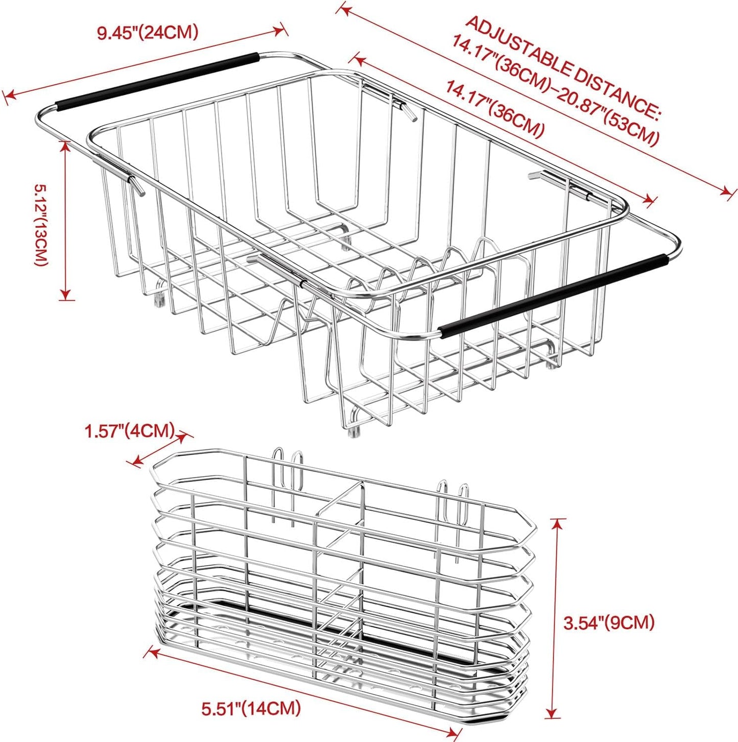 Dish Drainer Rack in Sink Adjustable, Expandable 304 Stainless Steel Metal Dish Drying Rack Organizer with Stainless Steel Utensil Holder Over Inside Sink Counter, Rustproof
