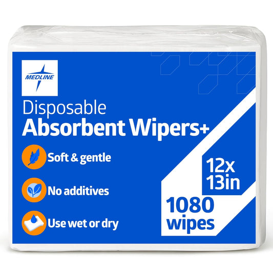 Medline Absorbent Wipers+ Disposable Heavy Duty Dry Wipes, 12" x 13" (90 Count, 12 Pack)