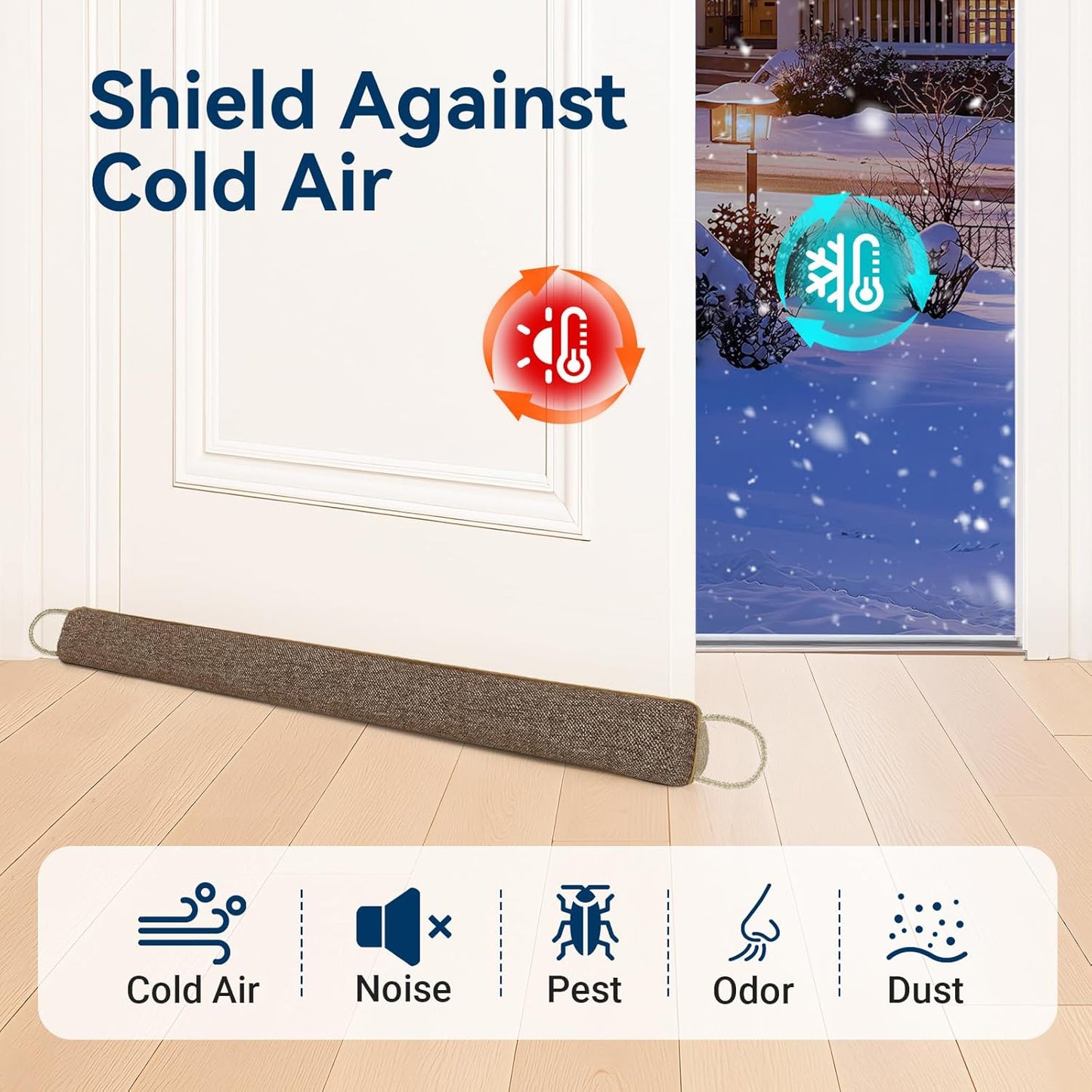 Door Draft Stopper for Bottom of Door, 36’’ Heavy Duty Under Door Draft Blocker Gap Filler, Door Seal for Noise Light Cold Air, with Adhesive Strips, Brown