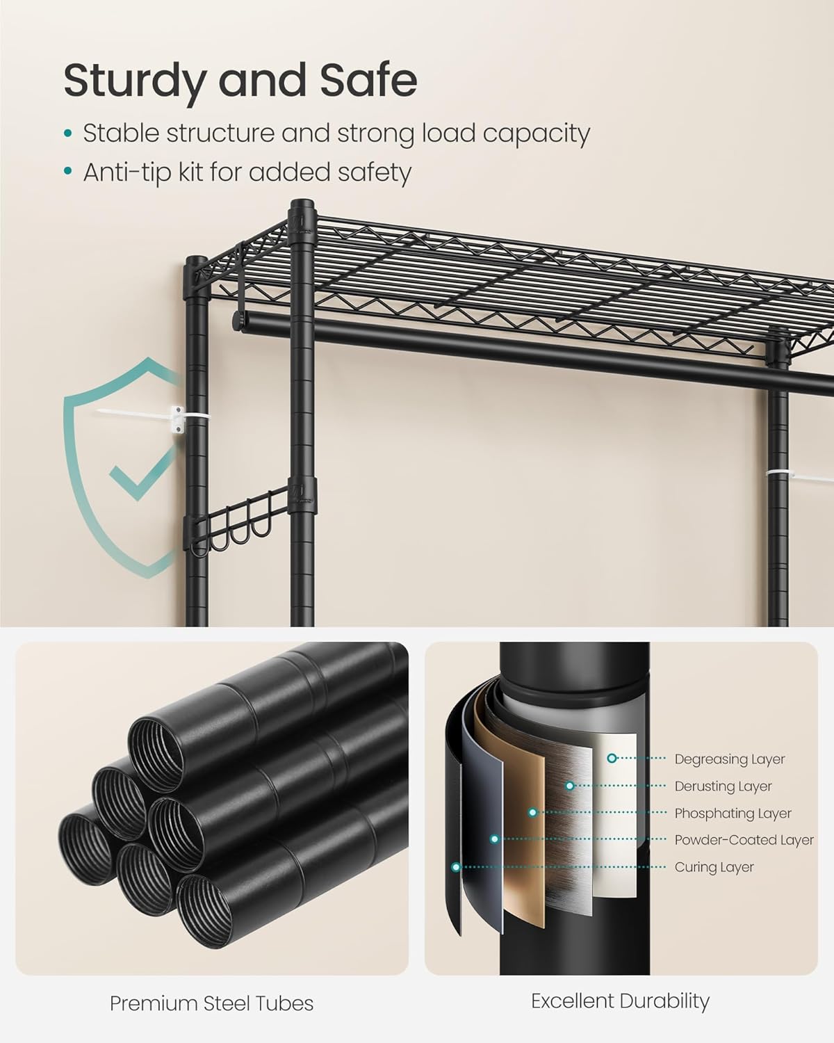 SONGMICS Heavy-Duty Rolling Clothes Rack, Garment Rack, Portable Closet, 35.4-Inch Wide Clothing Rack on Wheels, with Adjustable Mesh Shelves and Hanging Rails, Hooks, Ink Black ULGR413B01