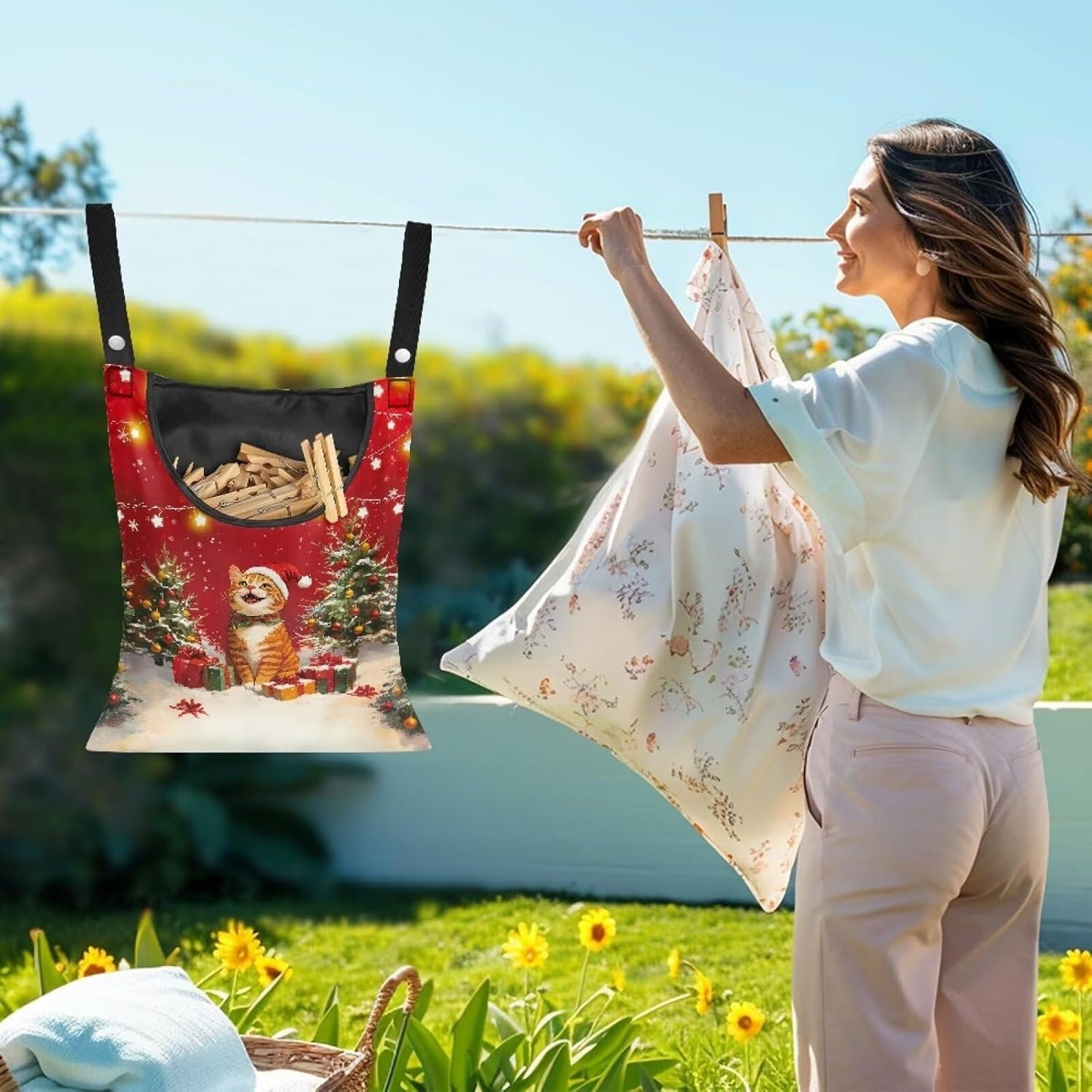 2025 Christmas Cat Waterproof Clothespin Bag with Hanging Rope - 14.5x12 Inch Storage Organizer for Home, Backyard & Camping