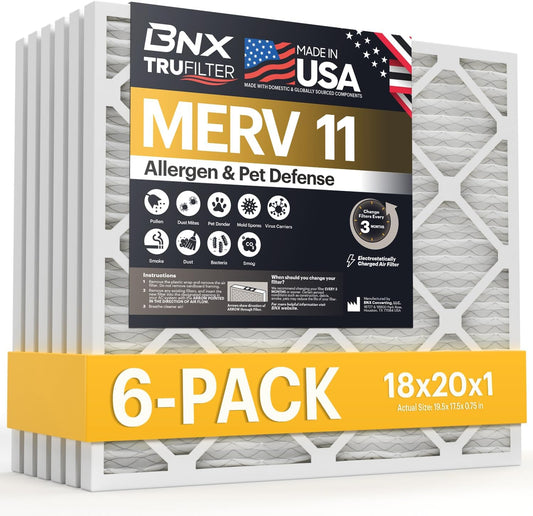 BNX TruFilter 18x20x1 Air Filter MERV 11 (6-Pack) - MADE IN USA - Allergen Defense Electrostatic Pleated Air Conditioner HVAC AC Furnace Filters for Allergies, Dust, Pet, Smoke, Allergy MPR 1200 FPR 7