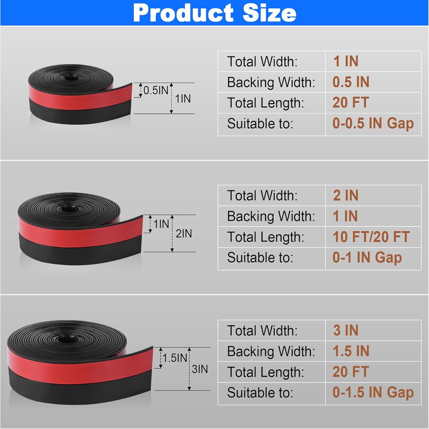 ToLanbbt Weather Stripping Silicone Door Seal Strip 2 in x 10 ft Door Draft Stopper Self Adhesive Door Draft Tape, Side & Bottom Gaps Insulation Strip for Glass Shower Door Sliding Door Window, Black