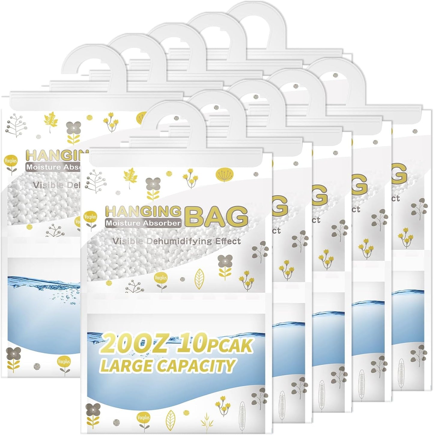Vacplus Moisture Absorbers, Hanging Closet Dehumidifier Bags, Humidity Packs, Desiccant, Closet Dehumidifiers with Fragrance Free, 10 Pack, 20.0 OZ