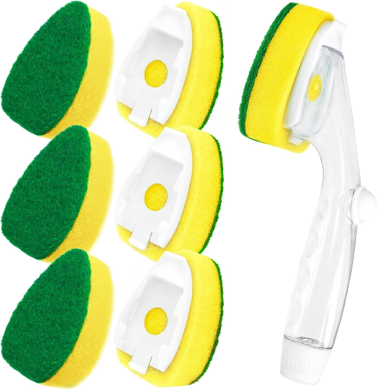 HELIME Heavy Duty Dish Wand Refills Kit with Handle, 6 Non Scratch Dishwand Refill Pack, Replacement Sponge Heads Set,Dishwashing Scrub Brush,Soap Control Dispenser Scrubbers, Dishwasher Cleaning Tool