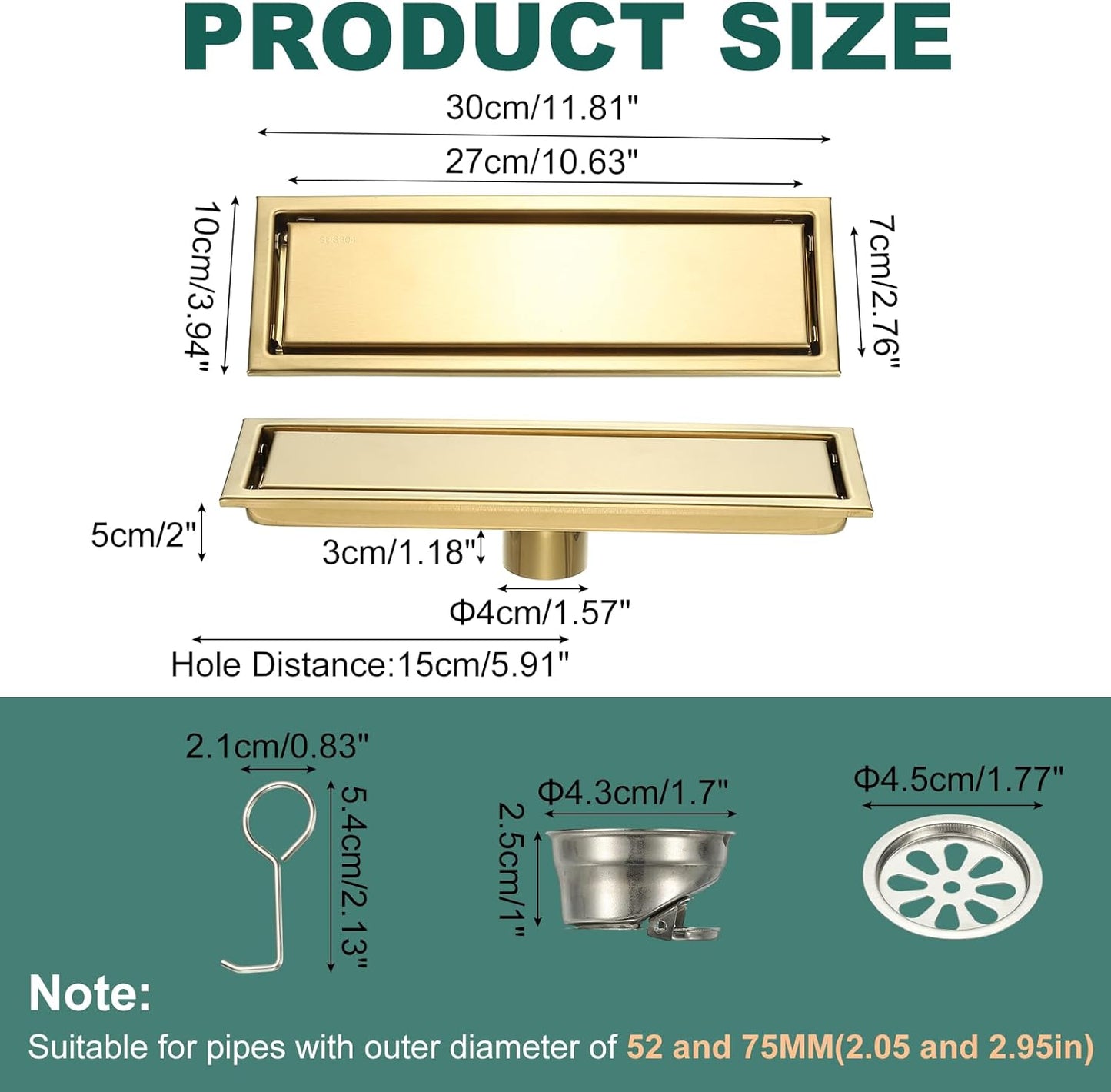 uxcell Rectangular Shower Drain, Brushed 304 Stainless Steel Odor-Proof Floor Drain Linear Shower Drain Hair Catcher for Bathroom Kitchen and Laundry Room(12 Inch, Gold)