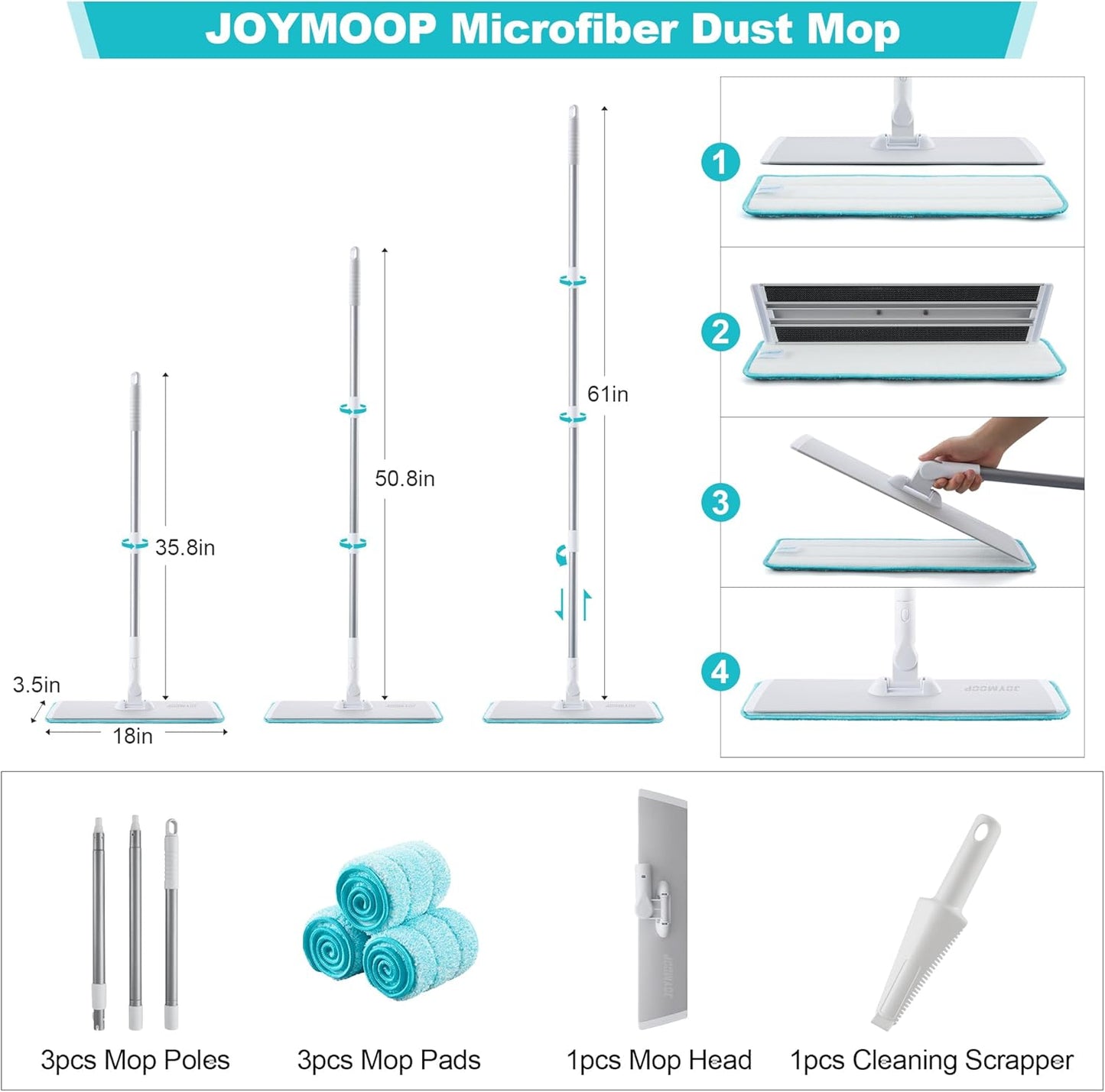 JOYMOOP 18 Inch Dust Mop for Hardwood Floors, Heavy Duty Industrial Wet Dry Mops with Telescopic Handle, Includes 5 Microfiber Mop Pads
