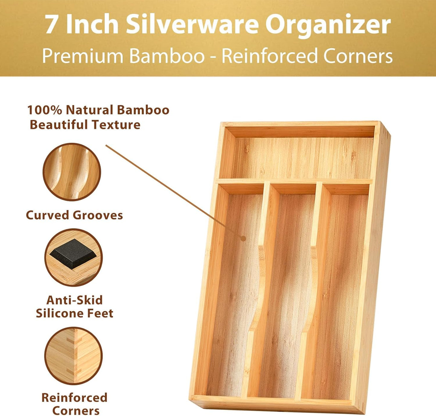 Umilife Bamboo Kitchen Drawer Organizer, 7 Inch Silverware Utensils Tray Holder for Small Drawer, Wood Caddy for Flatware Cutlery Knives