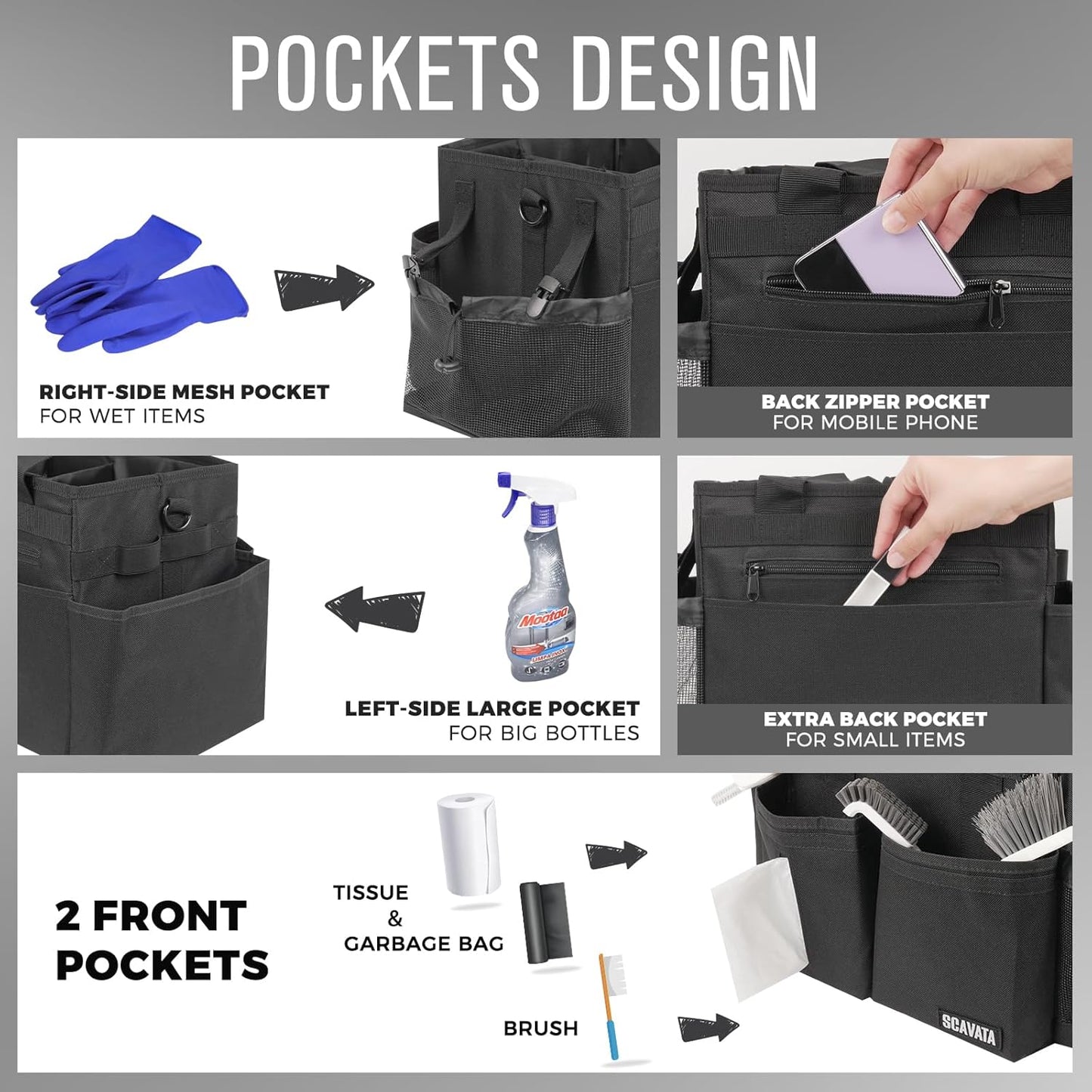 Compact Wearable Cleaning Caddy, Small Supplies Organizer with Handle & Shoulder Straps for Housekeepers, Under Sink & Car Cleaning Tool Organizer Bag (Black)