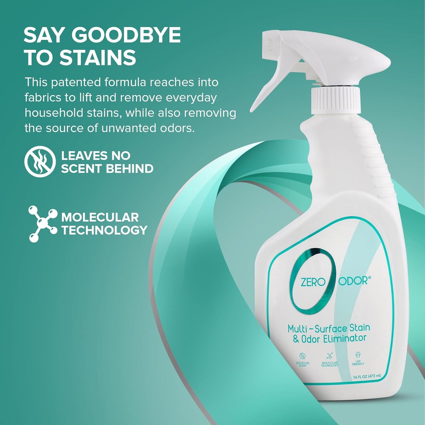 Zero Odor – Multi-Surface Stain Remover & Odor Eliminator - Remove Stains and Odor Patented Molecular Technology Best for Carpet, Rug, Linens, Furniture, Floors, 16oz