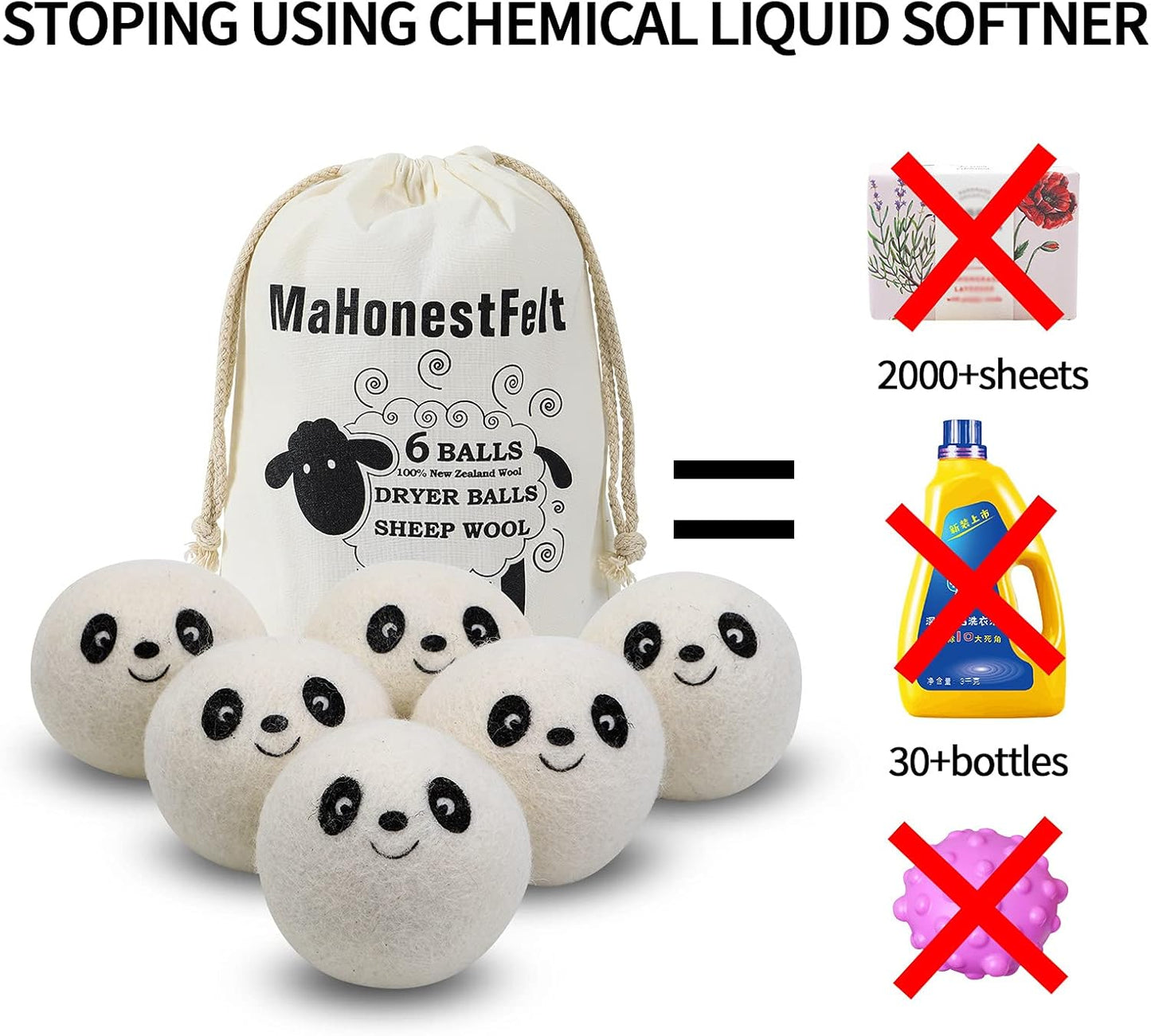 Wool Dryer Balls - Natural Fabric Softener, Reusable, Reduces Clothing Wrinkles and Saves Drying Time. Handmade Fair Trade No Lint Fabric Softener White (Pack of 6)