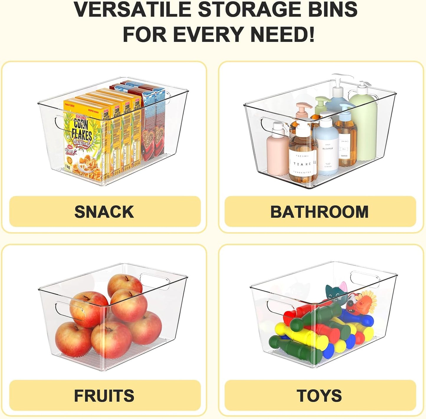 Set of 4 Clear Plastic Storage Bins, 2 Large +2 Small Pantry Organizers and Storage Containers for Kitchen Organization, Home Storage Essentials for Cabinet, Office, Garage, Freezer& Bathroom