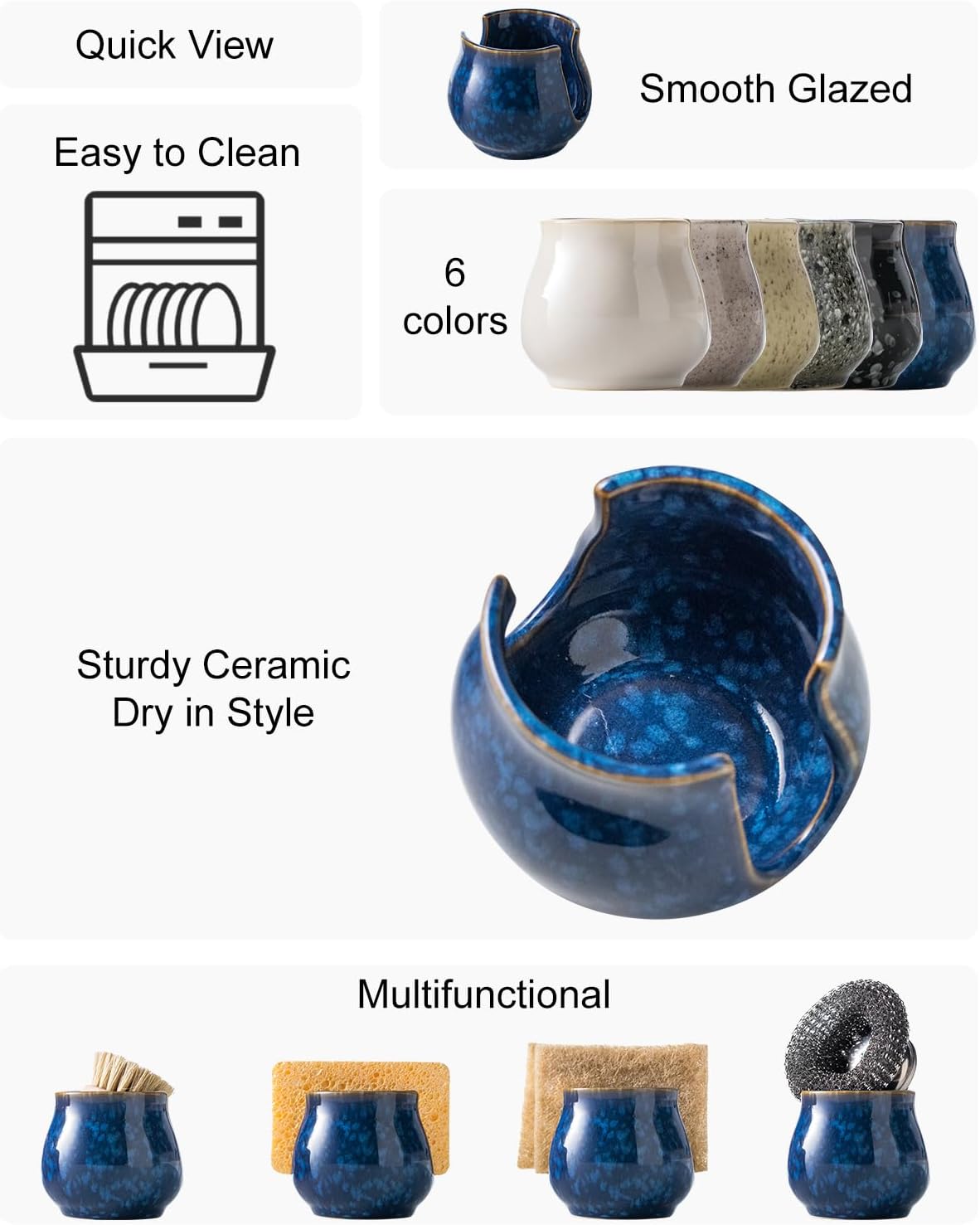 Ceramic Sponge Holder, Kitchen Sink Scrubby Caddy Organizer Dish Sponge Dish Rack for Scrubbers, Bathroom, Sink, Blue