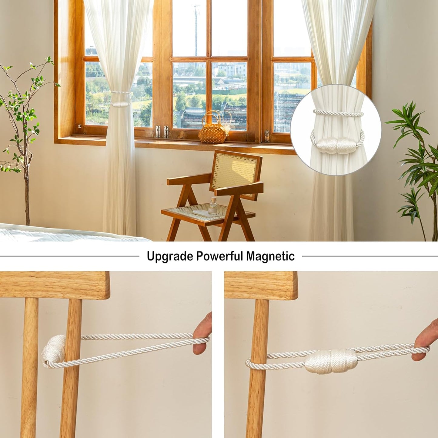 Magnetic Curtain Tiebacks - Rope Tie Backs for Curtains & Drapes - Decorative Window Holdbacks (6 Pack, White)