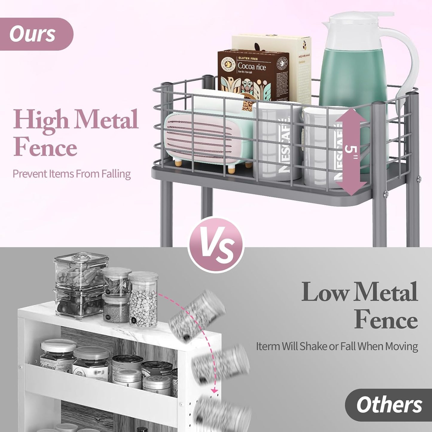 KINGRACK 3 Tier Metal Rolling Cart, Kitchen Organizers and Storage, Slim Storage Cart on Wheels, Laundry Room Organization, Diaper Cart Shelving Unit for Bathroom, Office, Bedroom, Grey