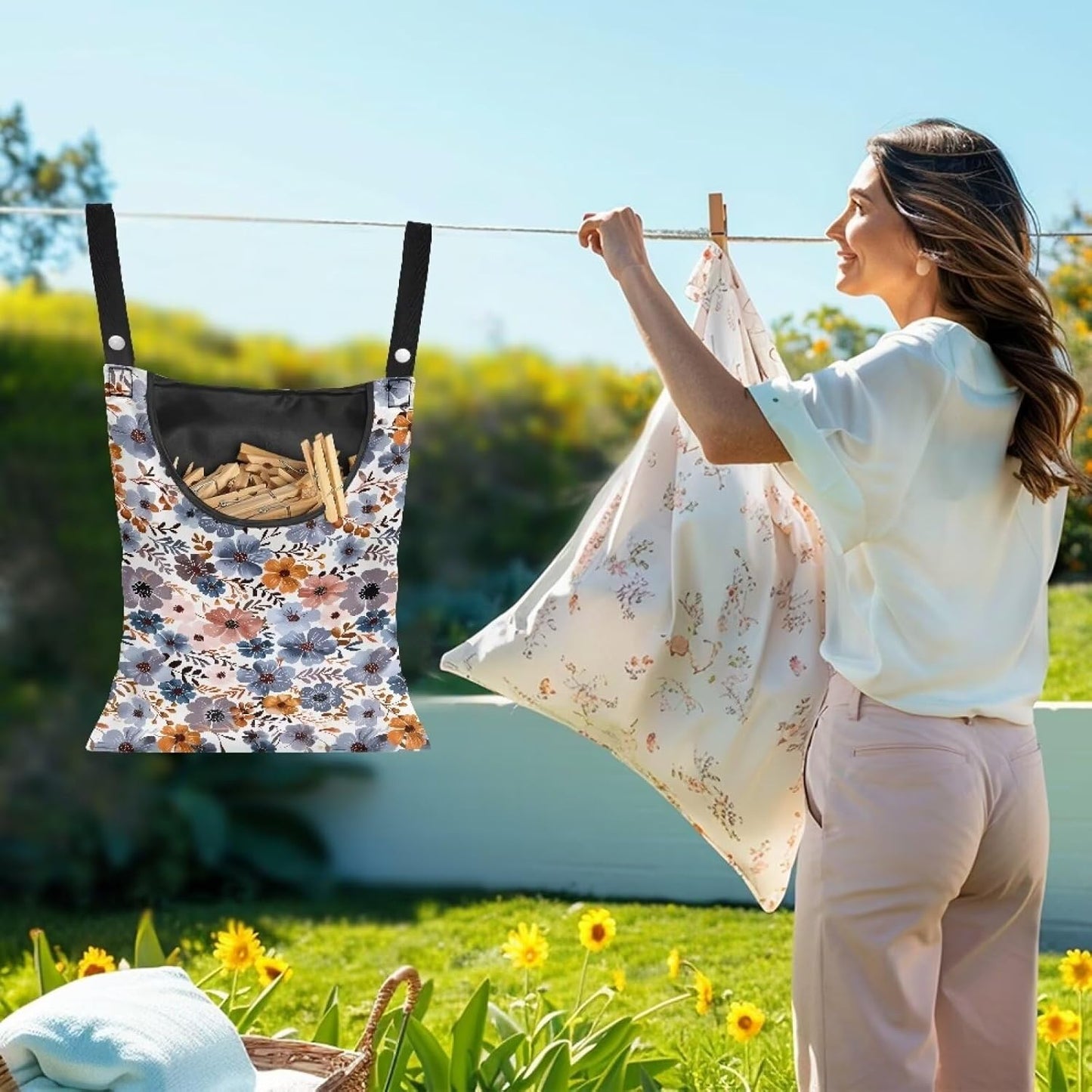 Blue Flowers Clothespin Organizer Bag Hanging Laundry Bag Portable Clothespin Storage with Hanger Hook 2 Ropes for Hanging and Effortlessly Sliding on Clothesline