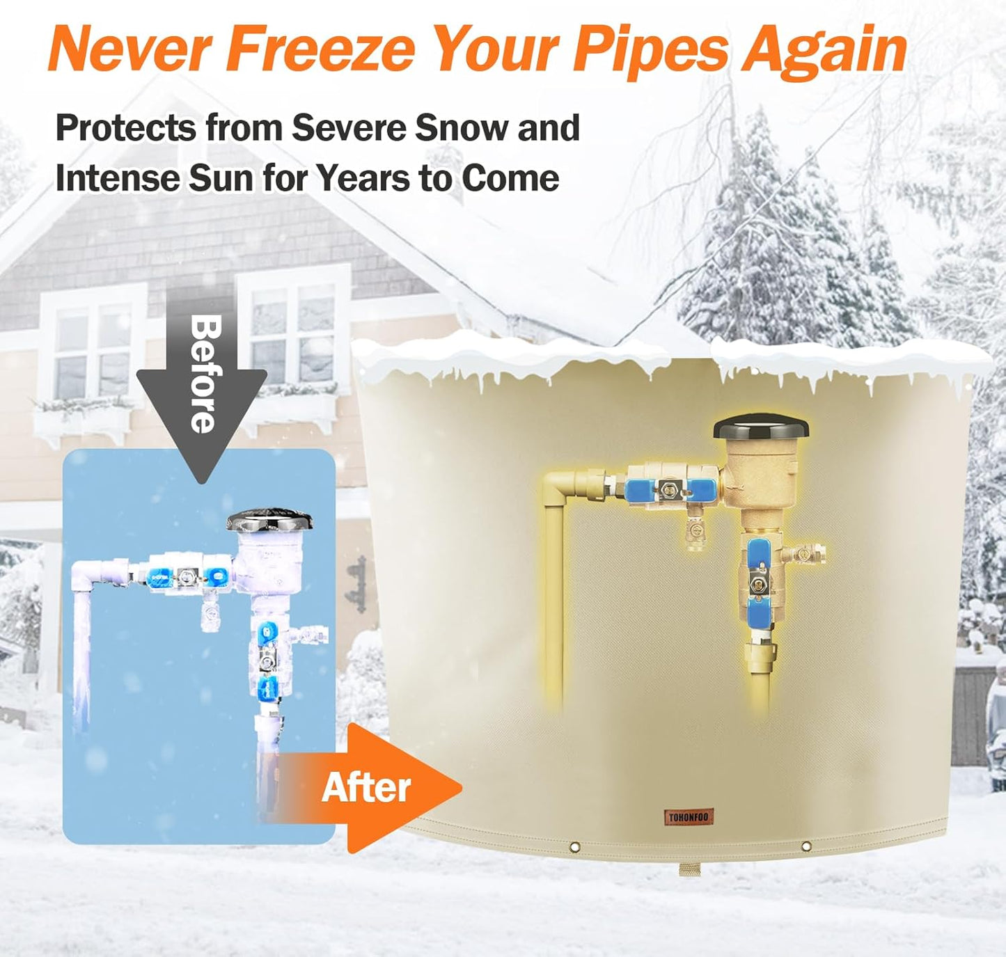 TOHONFOO Backflow Preventer Pipe Insulation Cover (5°F) - Irrigation Sprinkler Valve Insulated Pouch - Water Well Pump Cover - Sturdy 5 Layers for Winter Freeze Protection, 34" W x 24" H, Beige