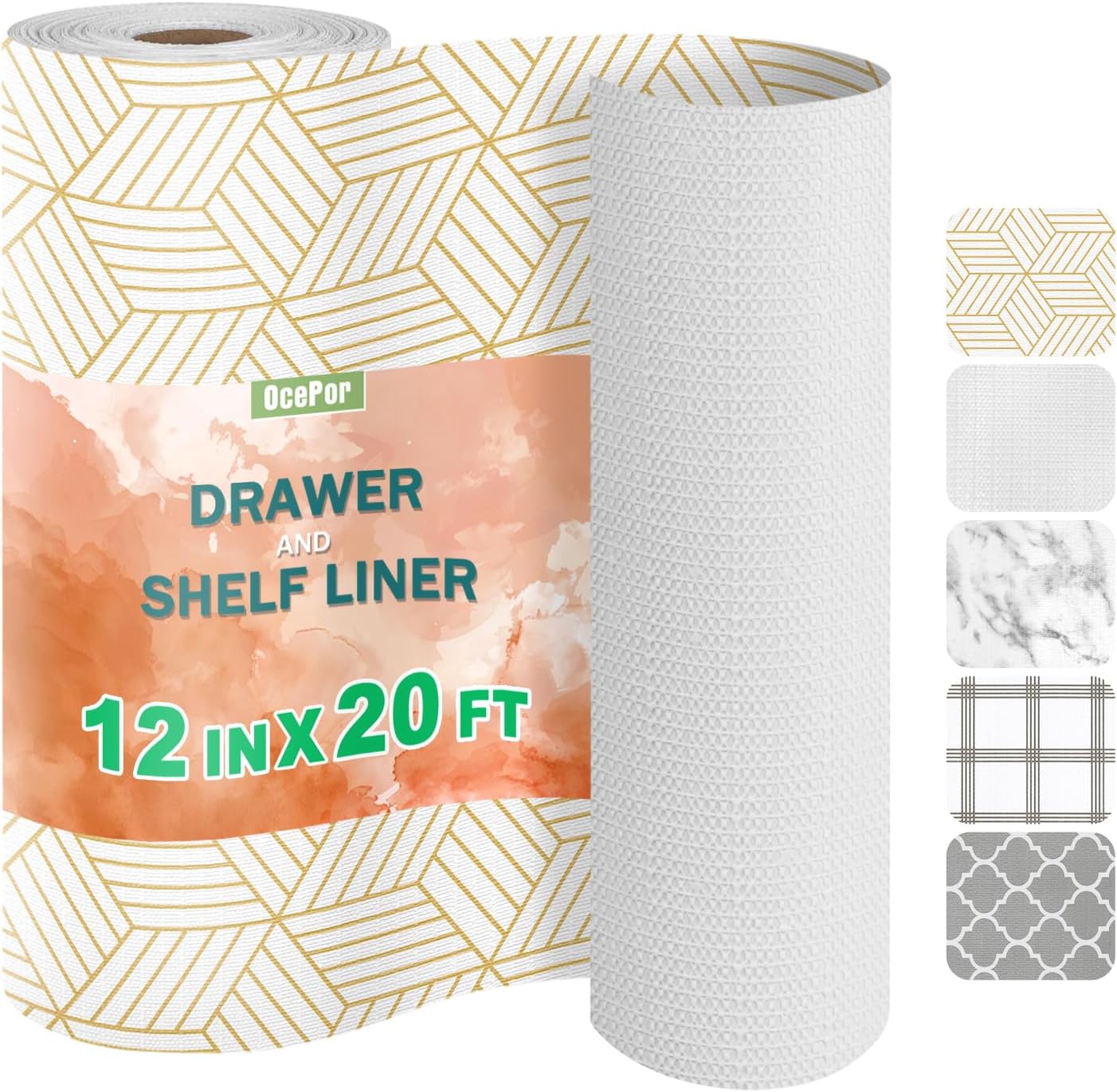 OcePor Non-Adhesive Drawer and Shelf Liner 12IN x 20FT，Non Slip Cabinet and Cupboard Liner, Kitchen Cabinet Liners for Shelves, Waterproof Drawer Shelf Liners for Cabinets/Bathroom Cupboard