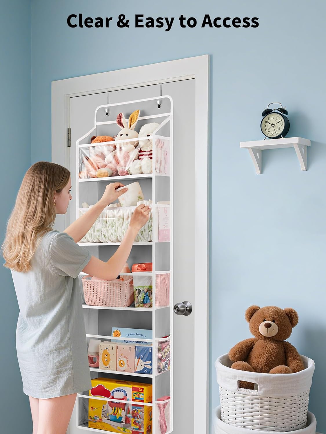 JARLINK Toy Stuffed Animal Storage, Over The Door Organizer W/Clear View Windows, 44lb Load, Baby Toy Storage Organizer for Nursery, Kid Bedroom, Newborn Baby Essentials (Light Grey)