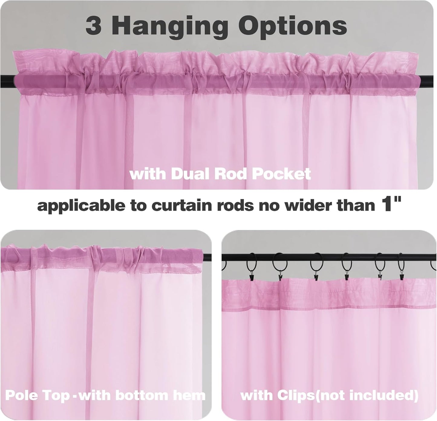 Chyhomenyc Sheer Valances for Windows 2 Pack, Small Window Curtains for Living Room Bathroom Cafe Laundry Basement, Modern Top Dual Rod Pocket Voile Curtain, 42W x 18L inches, Pink