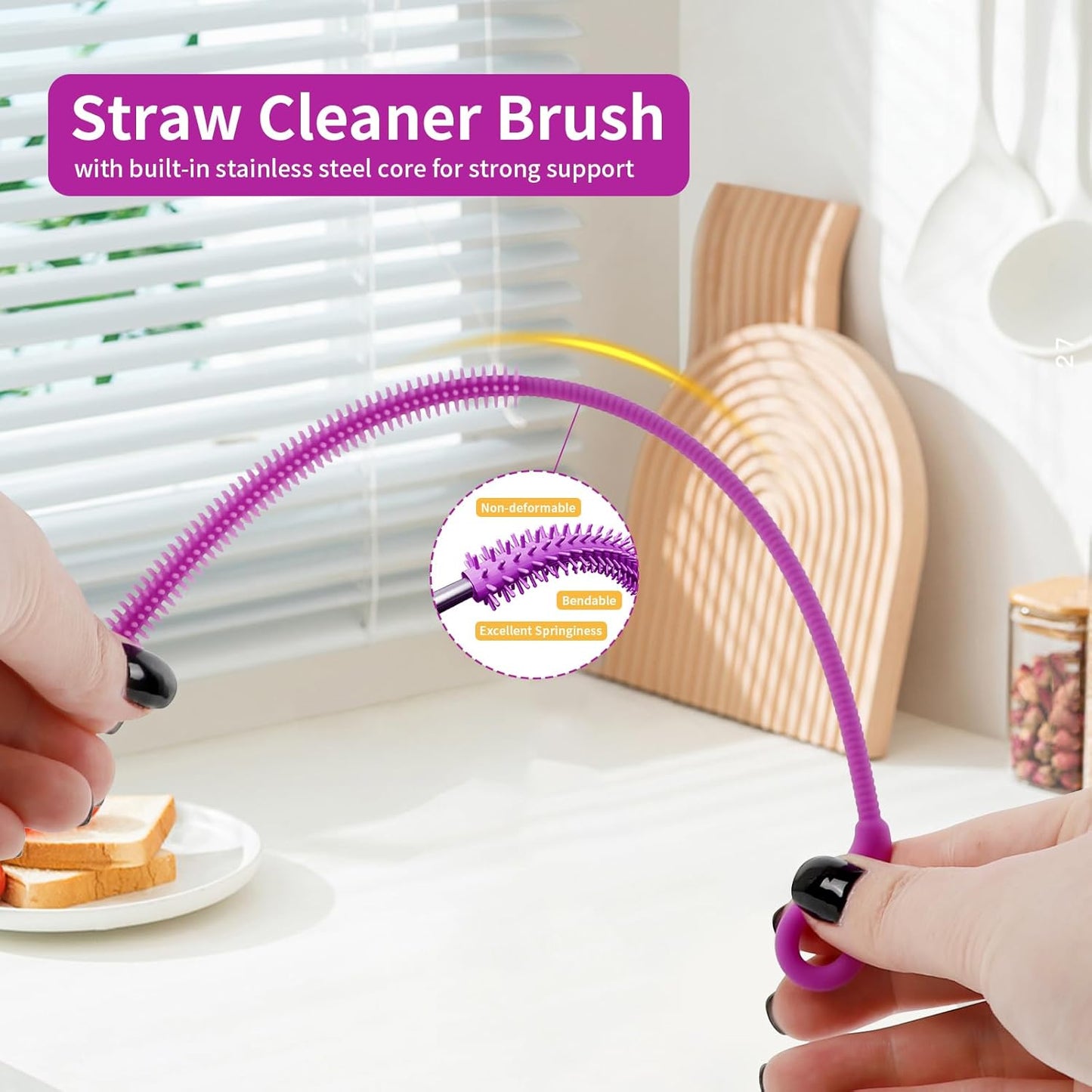 2Pcs Silicone Straw Cleaner Brush, 9.84in Reusable Straw Cleaner with Bendable Steel Core, Extra Long Soft Bottle Brush for Clearing Glass Straws, Smoothie Straws, 9mm&6mm (Purple)