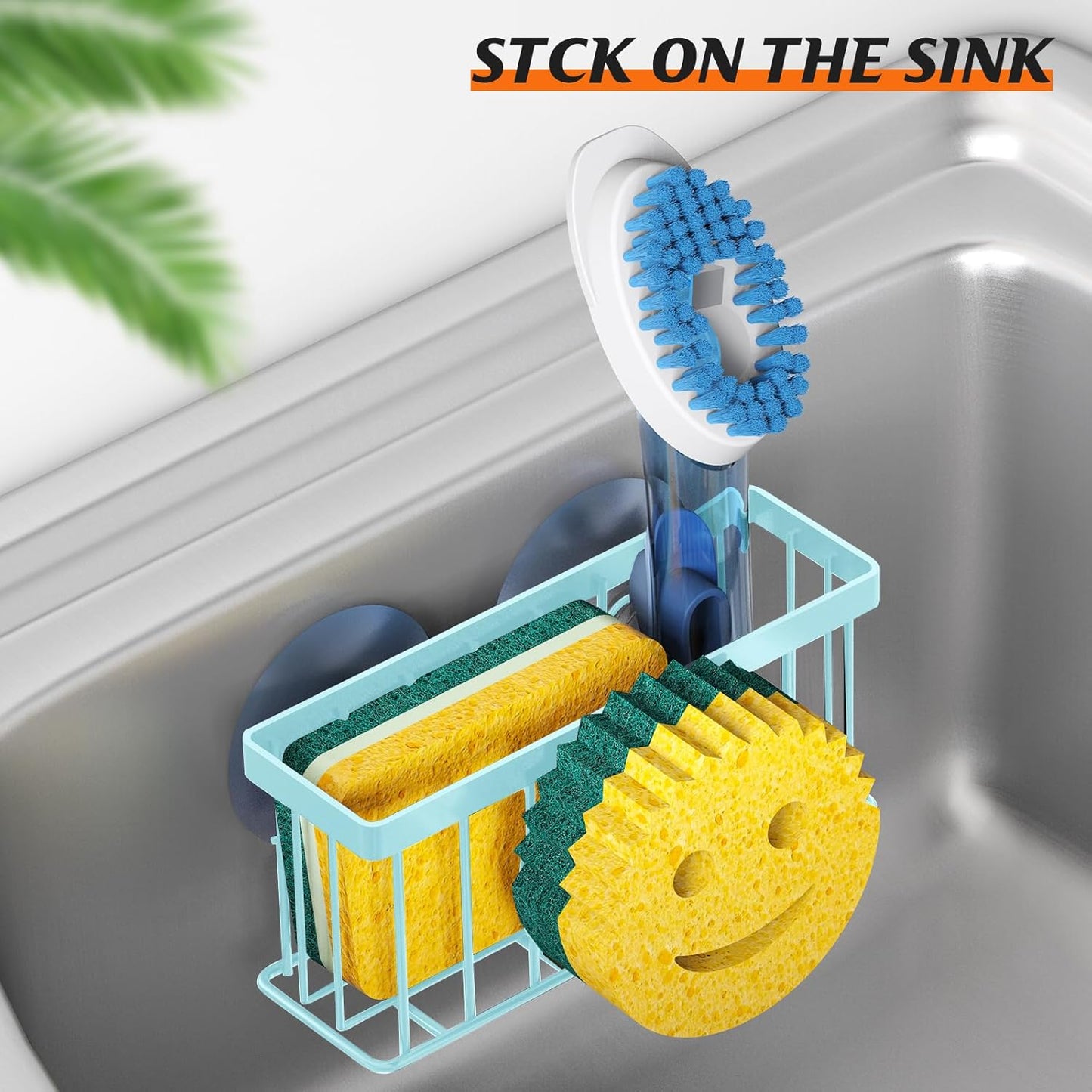 Sponge Holder Smiley Face,Sink Caddy for Kitchen Sink,Sponge Holder with 2 PCS Suction Cups/1 PCS Adhesive Strips,Designed for Sponge,Soap,Dish Brush,Scrubber-Blue
