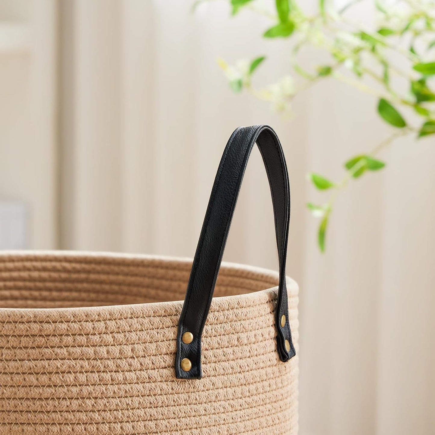 VIPOSCO Tall Laundry Basket, Large Dirty Clothes Hamper with Leather Handle, Woven Rope Storage Basket for Blanket, Toy In Living Room, Bathroom, Bedroom - 100L Brown & Black