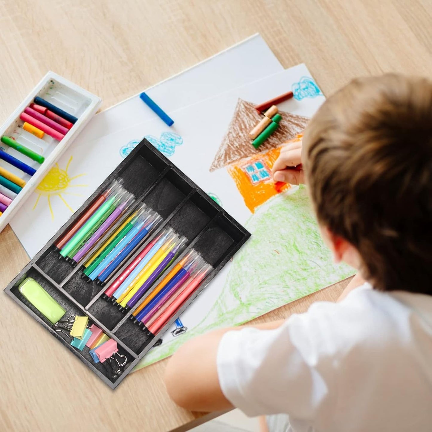 Small Kitchen Utensil Organizer Wooden Cutlery Tray Narrow Wood Silverware Holder Drawer Divider Flatware Organizer Storage Silverware Utensils Tray Black Bamboo Spoon Cutlery Organizer for Drawer