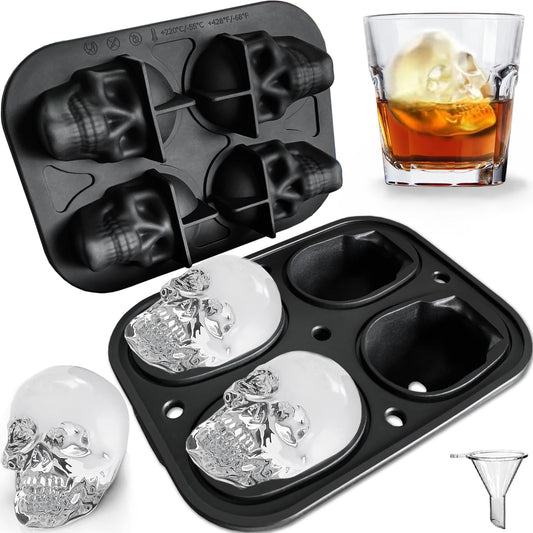 JETKONG Large Skull Ice Mold - 4 Cavity Silicone Skull Ice Maker - Ice Cube Tray for Whiskey, Bourbon, Cocktails and Juice