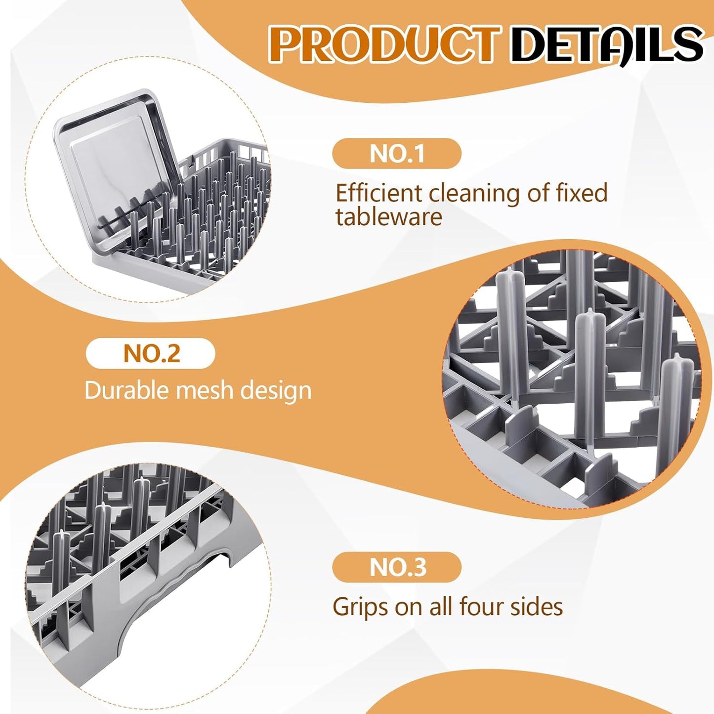 Commercial Dishwasher Tray Rack Polypropylene Full Size Flatware Rack for Bowls Plates Knives Forks Cups (19.7 x 19.7 x 3.97 Inch,Peg Dish Opening,Gray)