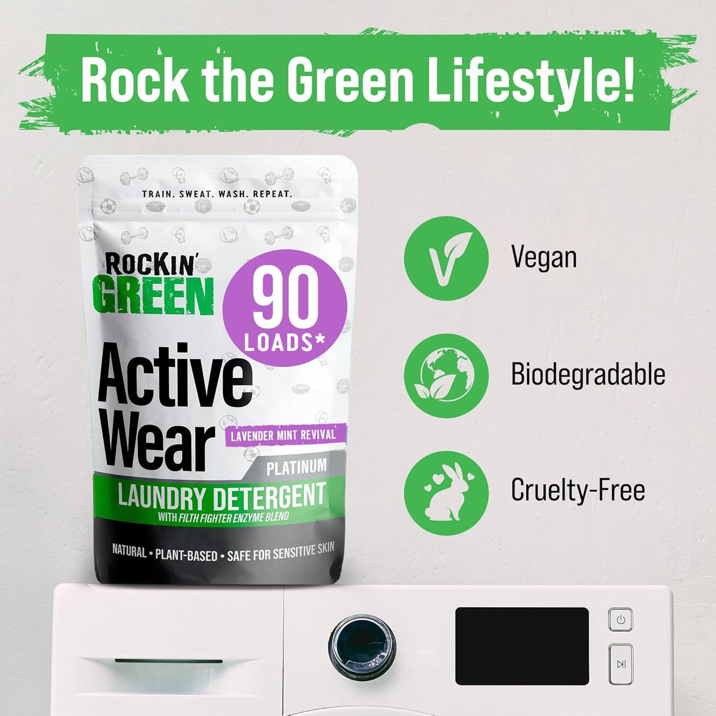 Rockin' Green Laundry Detergent, Plant based, All Natural Laundry Detergent Powder, Vegan and Biodegradable Odor Fighter, Safe for Sensitive Skin (Active Wear 90 Loads - Lavender Mint)