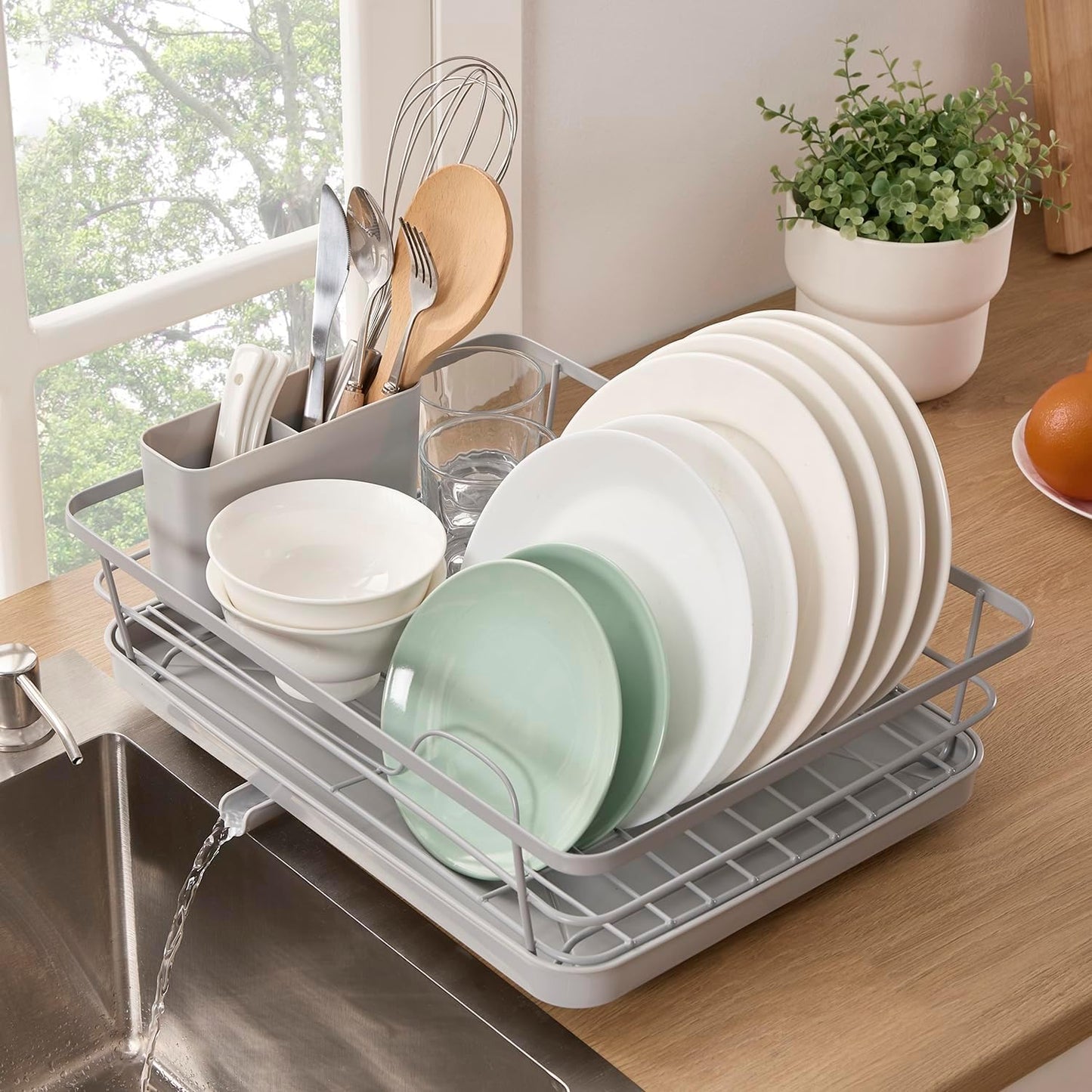 Dish Drying Rack 3 Piece Dish Drainer with Drainboard Set for Kitchen Counter – Dish Rack with Removable Utensil Holder & Swivel Spout for Countertop – DishRack for Plates, Cups & More, Silver