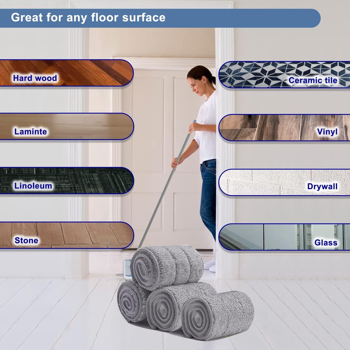 Replacement Microfiber Mop Pads - 18''x5'' Wet Dry Floor Cleaning Pad Compatible with Bona Floor Care System, Reusable Mop Refill Fits 17” to 18” Flat Mop - 4 Pack