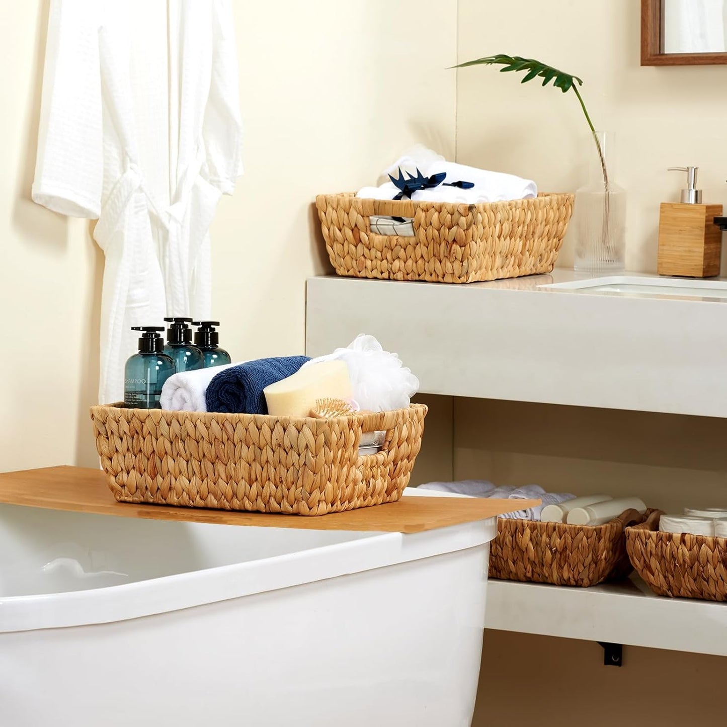 Water Hyacinth Wicker Baskets 2 Pack, Large Storage Basket With Handles for Organizing, Handmade Natural