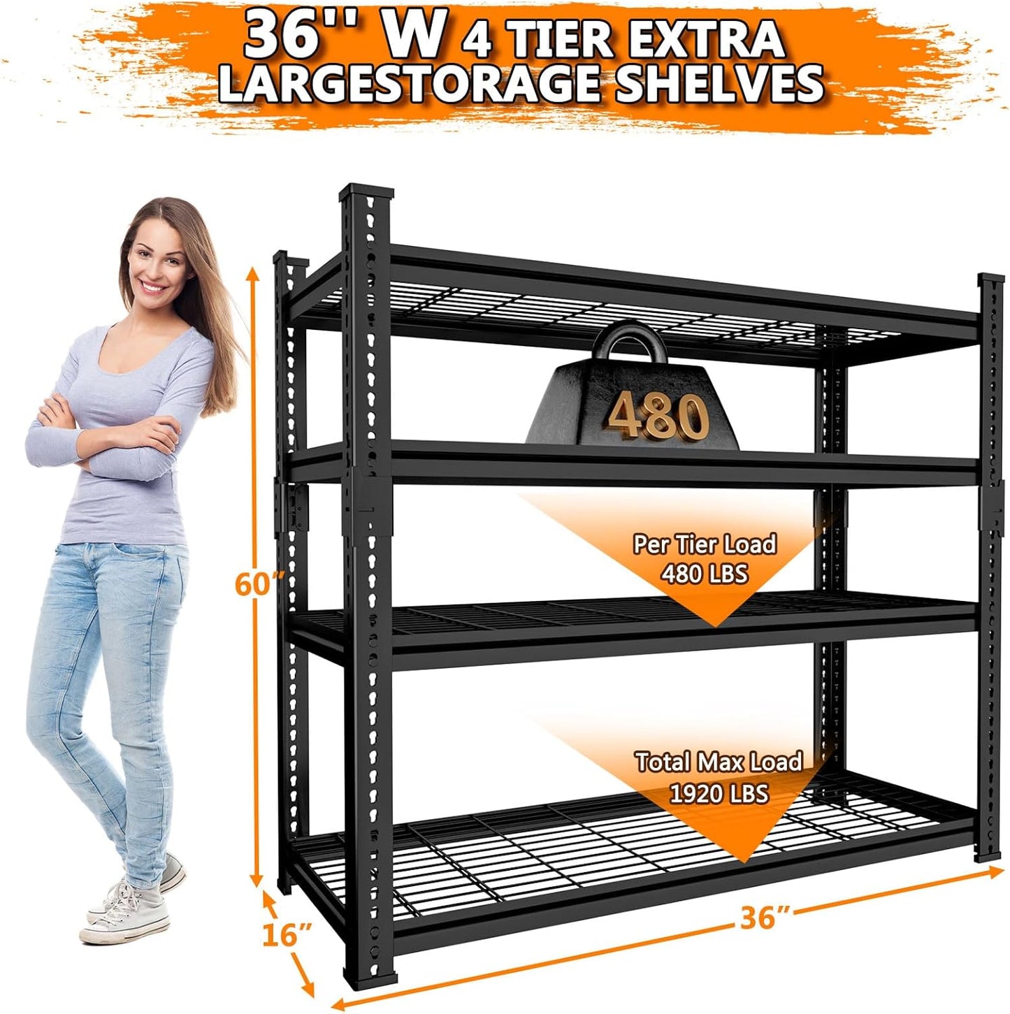 Storage Shelves Heavy Duty, 36"L x 16"W x 60"H Garage Wire Shelving Unit Loads 1920LBS, 4-tier Adjustable Metal Industrial Utility Shelf Rack for Kitchen, Laundry Room, Pantry, Warehouse, Basement