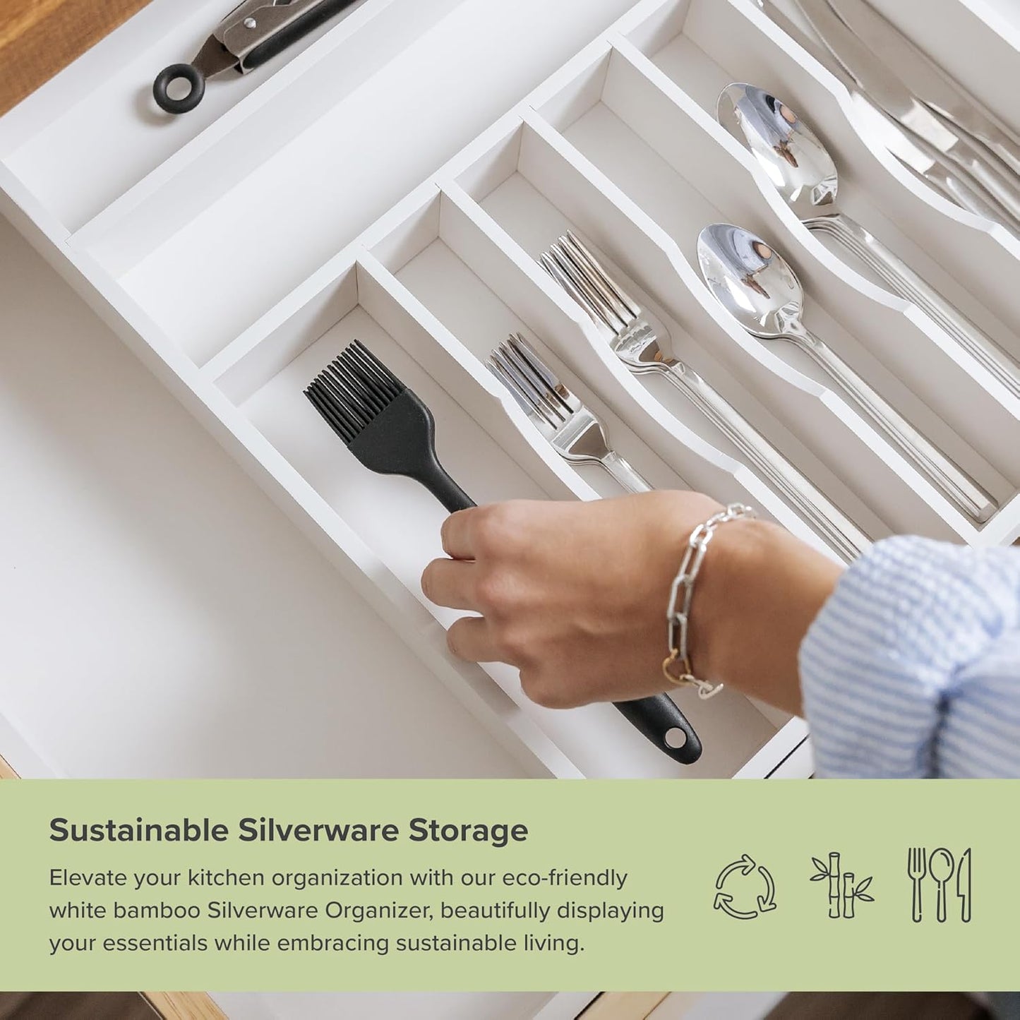 KitchenEdge Premium Silverware, Flatware and Utensil Organizer for Kitchen Drawers, Food-Safe Contract Grade, Expandable from 18 to 33 In, White Bamboo