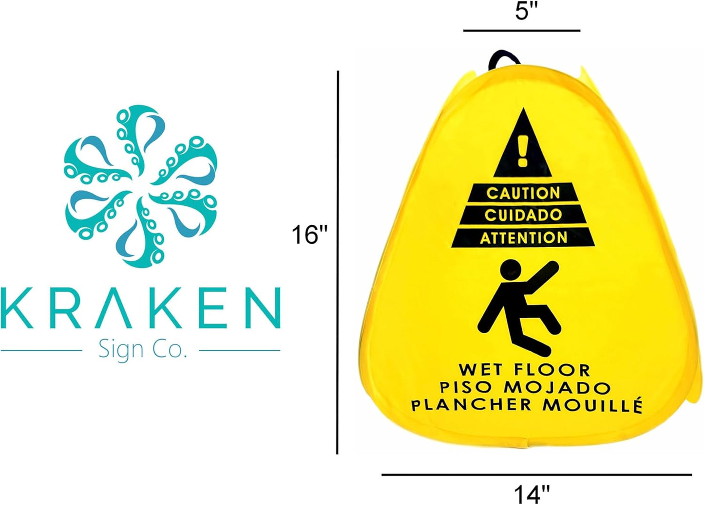 Kraken Sign Co - Pop-up Sign, Yellow 4-Sided Bilingual Trilingual English/Spanish/French Warning, Pop-up Caution Wet Floor Sign 16 inch for Restaurant, Commercial and Industrial Safety. Foldable, Portable, Durable (Yellow, 3 Pack)