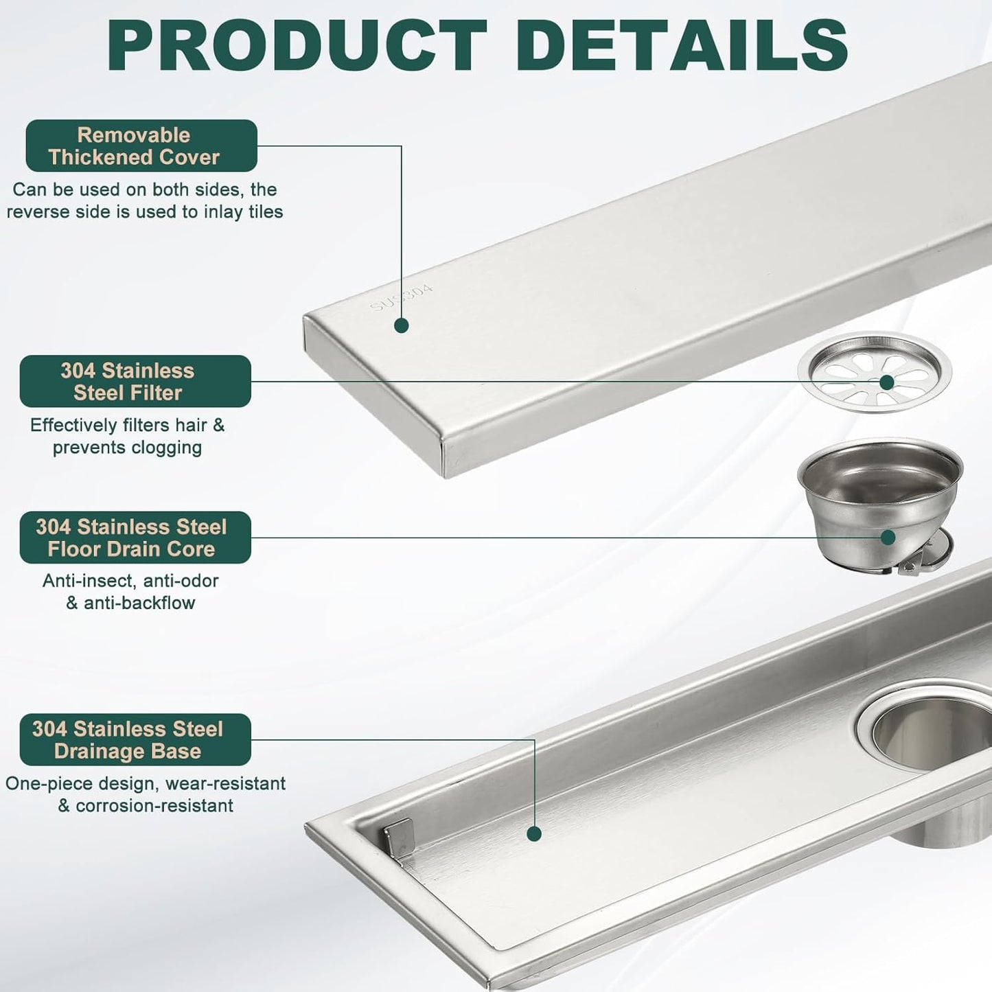 uxcell Rectangular Shower Drain, Brushed 304 Stainless Steel Odor-Proof Floor Drain Linear Shower Drain Hair Catcher for Bathroom Kitchen and Laundry Room(16 Inch, Bright Silver)