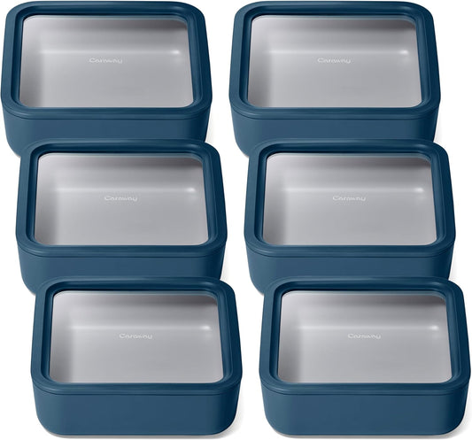 Caraway 6pc Glass Food Storage Set – 10 Cup Food Containers (6) - Ceramic Coated - Non Toxic, Non Stick with Lids - Microwave Safe - Navy