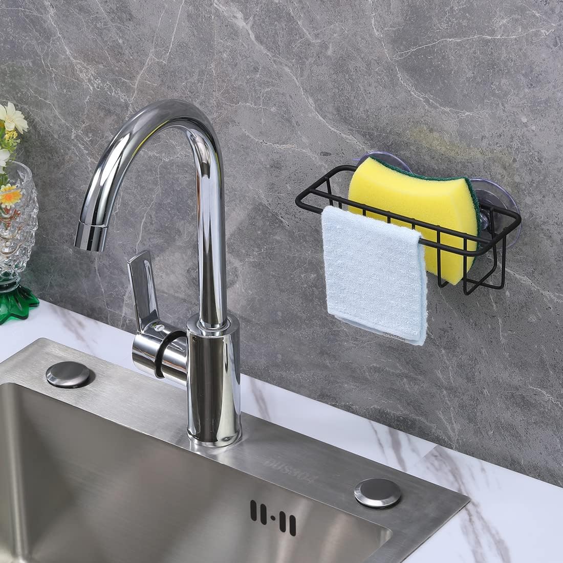 Sink Caddy Sponge Holder for Kitchen Sink Dish Cloth Hanger 2 Suspension Options(Suction Cups and Adhesive Hook), SUS304 Stainless Steel, Black