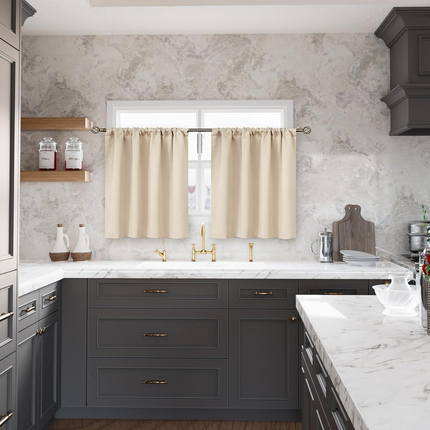 BGment Champagne Blackout Curtains 36 Inches Length for Kitchen Bedroom Window - Rod Pocket Short Darkening Drapes Privacy for Bathroom Basement Cafe, 2 Panels, 42 x 36 Inch