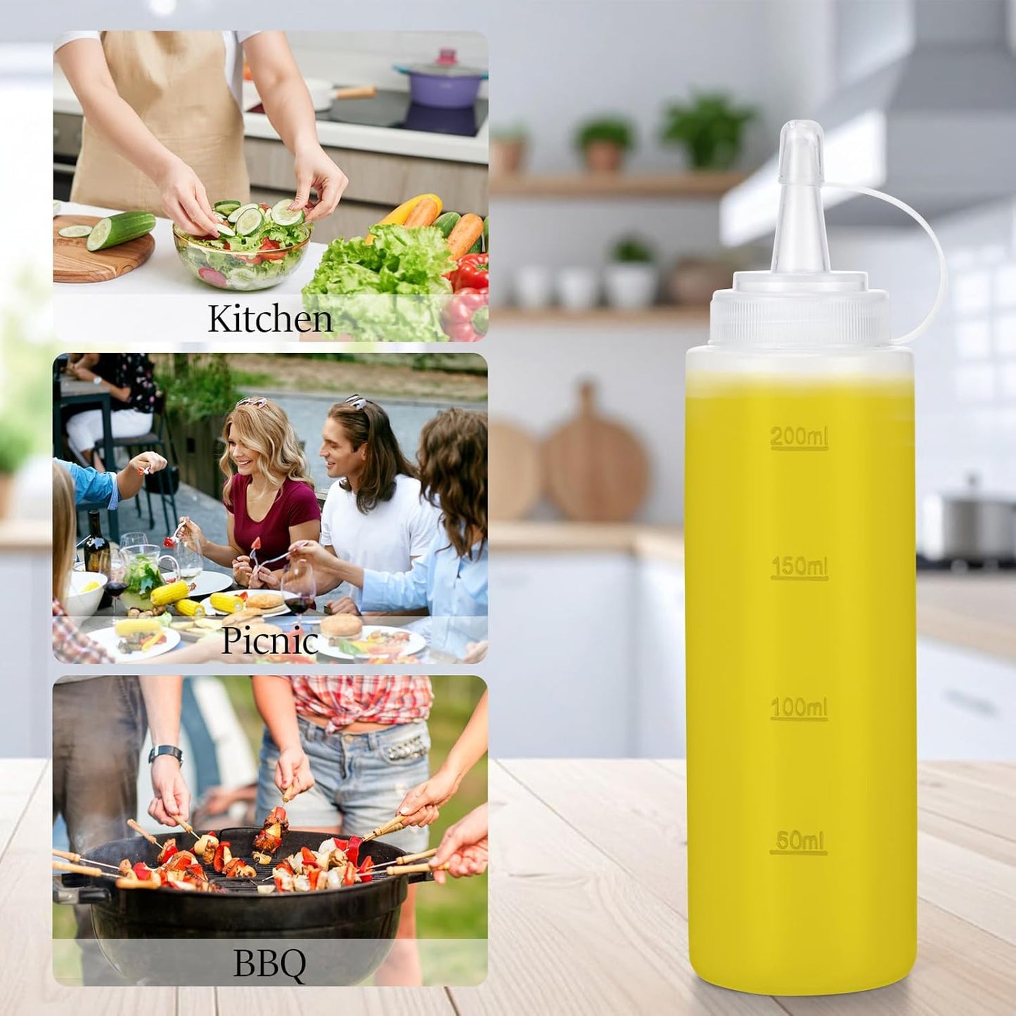 Condiment Squeeze Bottles Ketchup Dispenser, 6 Pack 8oz Squeeze Bottles for Liquids, Plastic Sauce Bottle with Cap Lid, Squirt Bottles for Sauces Liquids BBQ Dressing Pancake Art