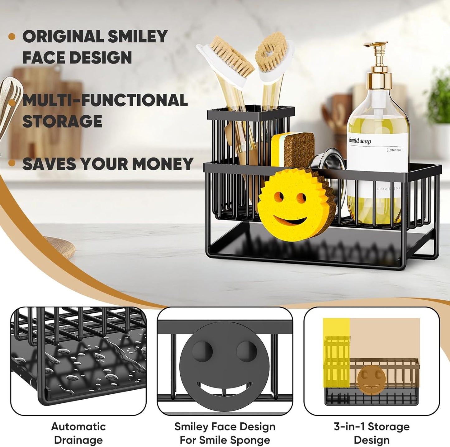Sponge Holder for Kitchen Sink,Smiley Face Sink Caddy with Removable Brush Holder,Self-Draining Sponge Caddy for Soap,Dish Brush,Scrubber,Kitchen Essentials and Gadgets