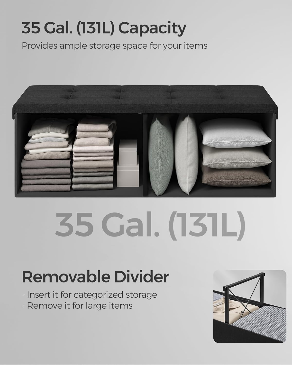 SONGMICS Mazie Collection - 43 Inches Storage Ottoman, Foldable Storage Bench with Flipping Lid, 660 lb Load Capacity, for Entryway, Living Room, Bedroom, Ink Black ULSF076B01