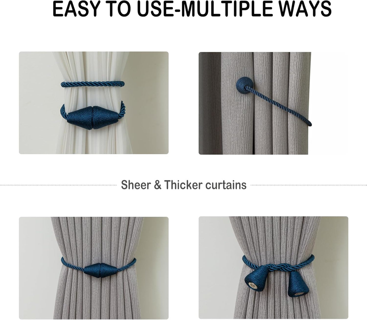Magnetic Curtain Tiebacks 4 Pack Outdoor Rope Curtain Tie Backs Decorative Window Treatment Holdbacks for Home Decorative Curtain, Blue