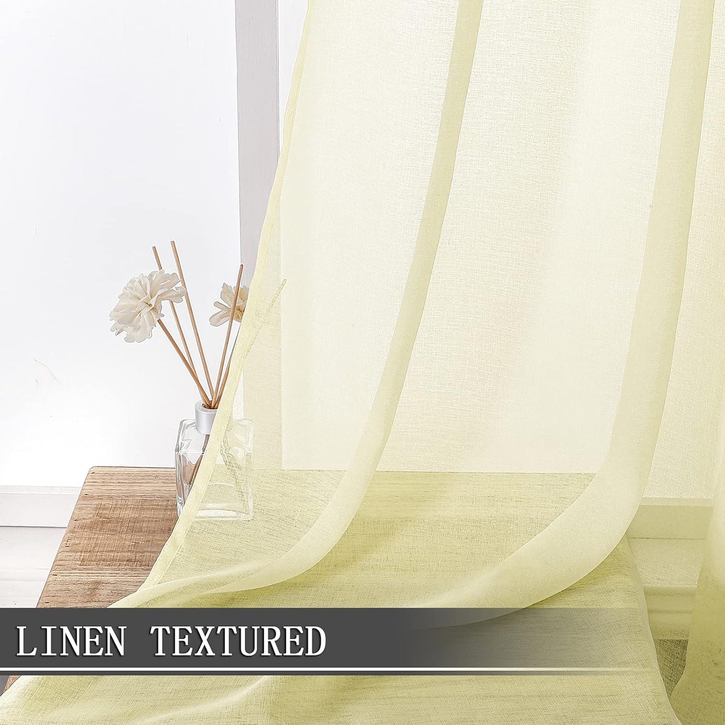 Tollpiz Sheer Curtains Linen Textured Bedroom Curtain Sheers Light Filtering Rod Pocket Voile Curtains for Living Room, 54 x 63 inches Long, Transparent Yellow, Set of 2 Panels