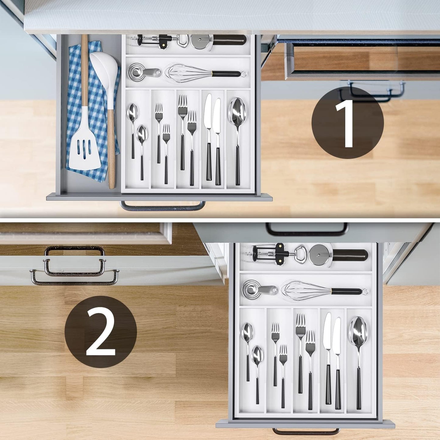 Utensil Organizer Silverware Drawer Organizer - 7 Slots Bamboo Cutlery Organizer Multi-Purpose Silverware Divider for Kitchen Flatware, Hair Accessories, Repair Tools, Art Set W13”x L17” (White)