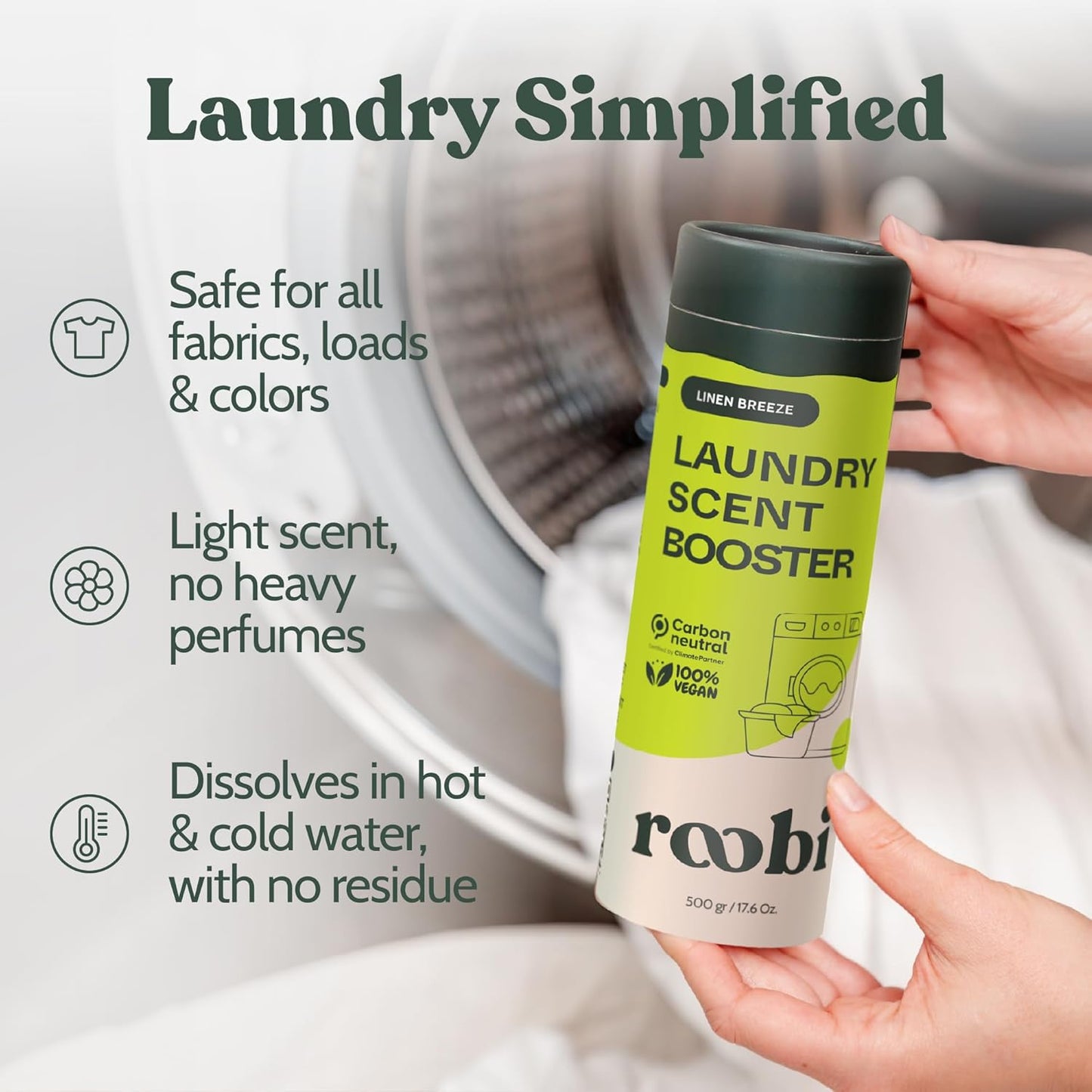 Roobi Sustainable Laundry Scent Booster Beads. Linen Breeze Fragrance Laundry Beads. 500 gr Bulk Booster Pack. Carbon Neutral, 100% Vegan.