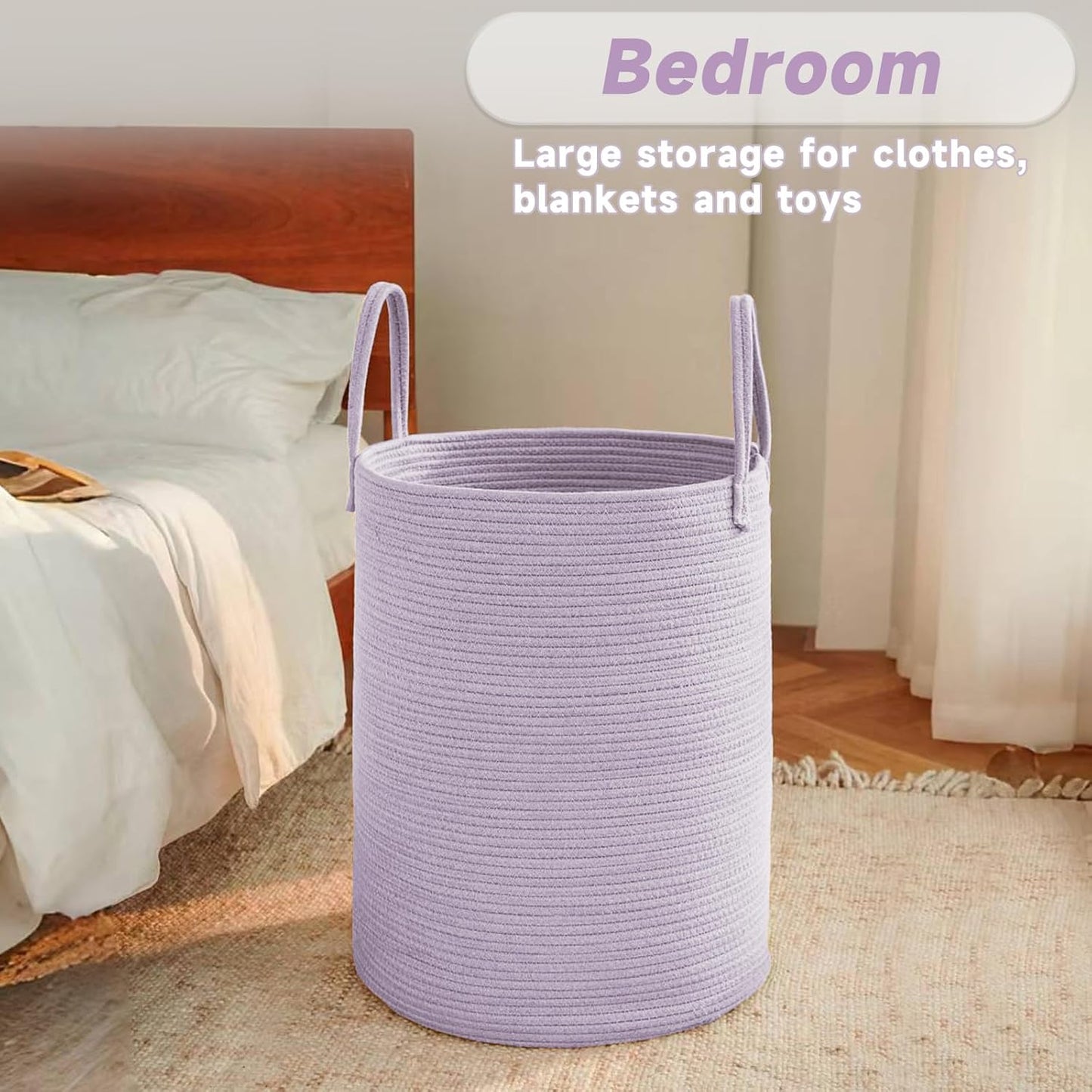 Large Woven Laundry Basket Hamper,80L Cotton Rope Storage Bin for Blankets,Toys and Clothes,Decorative Tall Nursery Hamper for Living Room,Baby Nursery,Bathroom and Bedroom,Purple